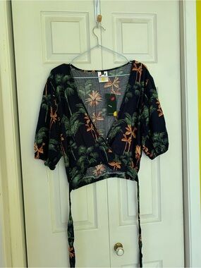 Tropical Print Wrap Crop Top - Black/Green/Orange